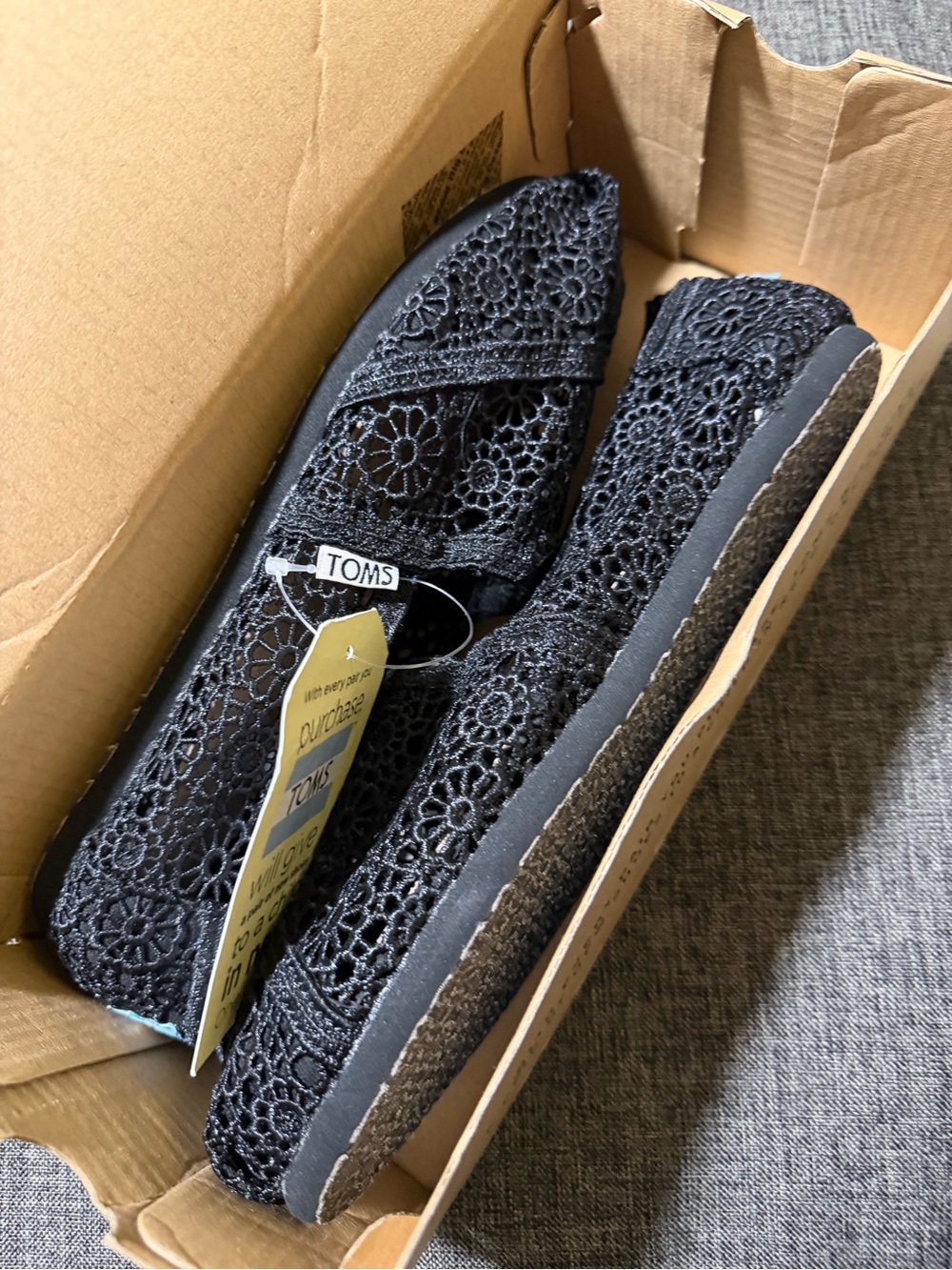 Toms Black Floral Crochet Slip-On Flats
